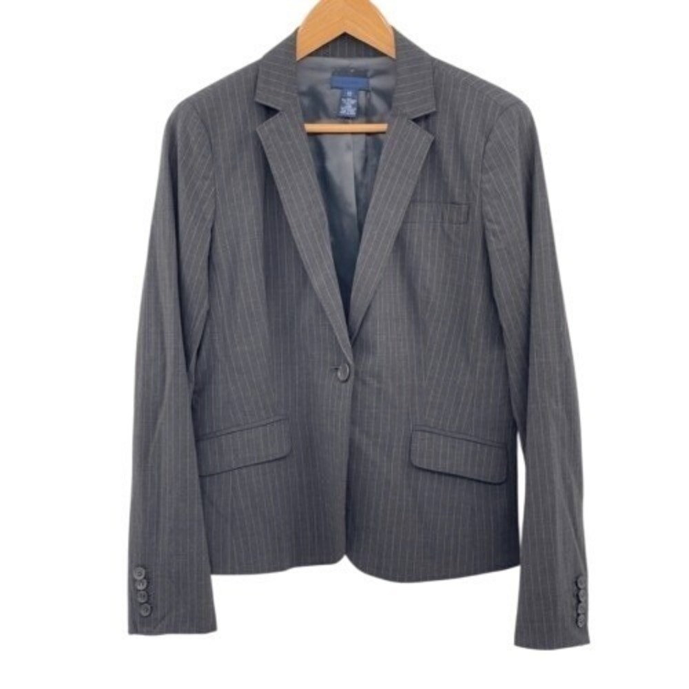 J Crew Blazer Women 12 Gray Pin Striped Wool Blend Career Classic